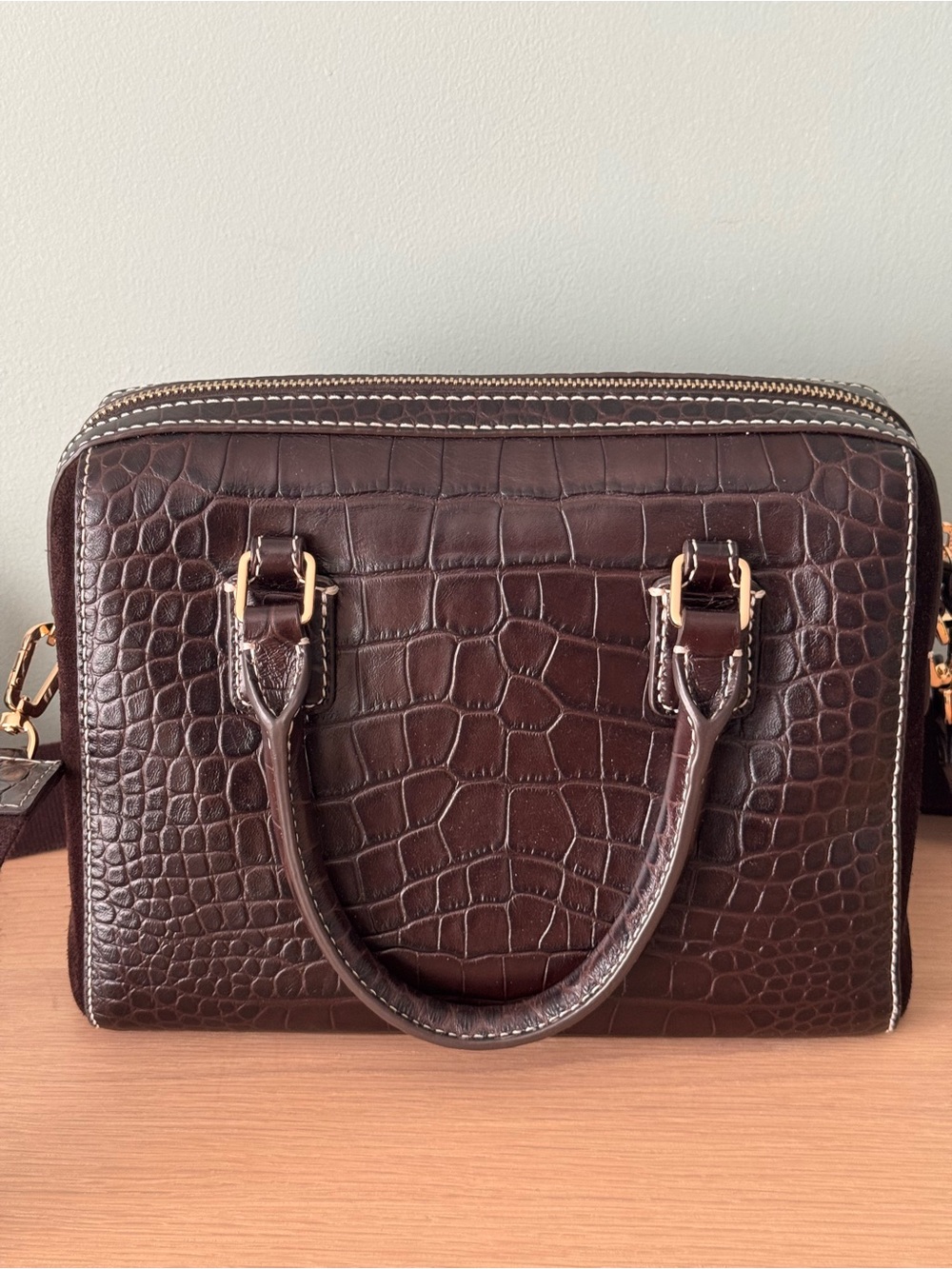 Tory Burch Dark Mahogany Thea Crocodile Embossed Web Small Satchel - Picture 3 of 12
